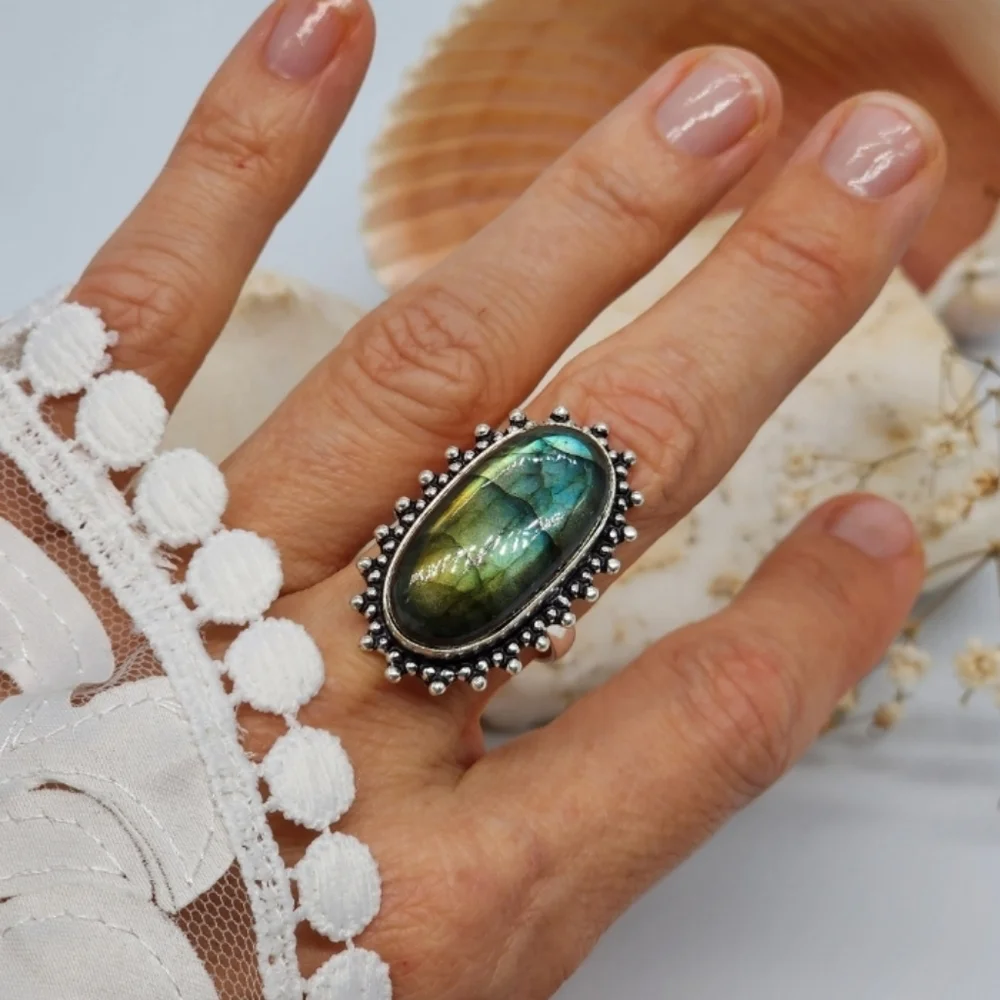 Boho Silver Ring Impressive Large Natural Labradorite Stone 925 Silver